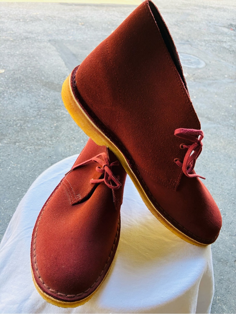 Clarks Burgundy Suede Desert Boots, Size 10.5